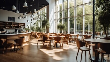 Interior of luxury cafe in the city with plenty of natural light entering from the big windows.