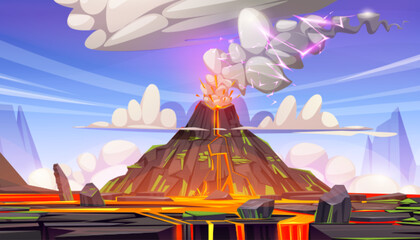Volcano lava eruption cartoon vector background. Volcanic mountain prehistoric landscape scene with rock, smoke cloud and magma. natural apocalypse with vulcano explosion past history environment © klyaksun