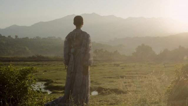 Woman In A Dress Looking At Marshy Pasture