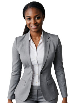 Black Businesswoman, Black Woman Wearing A Suit, Smiling And Looking At The Camera, Isolated, Transparent Background, No Background. PNG.