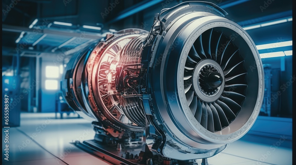 Poster modern industrial jet engine in engine high tech futuristic factory, advanced futuristic turbine eng
