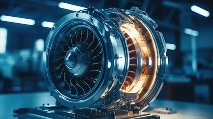 Modern Industrial Jet Engine in engine high tech futuristic factory, Advanced Futuristic Turbine Engine with a Rotating Fan, Research and Development. - obrazy, fototapety, plakaty