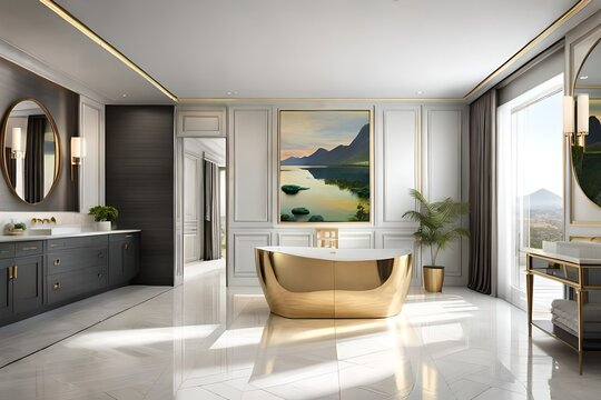 Upscale bathroom showcasing its granite flooring, vibrant ceramic tiles with detailed stoning patterns on the walls.