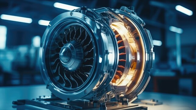 Modern Industrial Jet Engine in engine high tech futuristic factory, Advanced Futuristic Turbine Engine with a Rotating Fan, Research and Development.