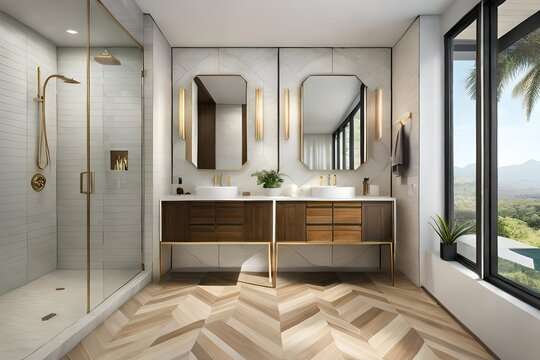 An upscale bathroom showcasing its granite flooring, vibrant ceramic tiles with detailed stoning patterns on the walls.