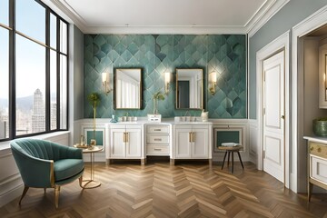 Fototapeta premium Pictures of a bathroom featuring traditional design elements, including walls covered in ceramic tiles, and featuring opulent gold-plated accessories that add a touch of luxury.