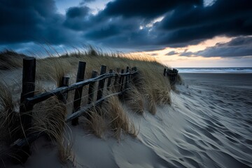 Beautiful sand dunes by the sea, under a dramatic sky, with grass and weeds and an old fence. Generative AI
