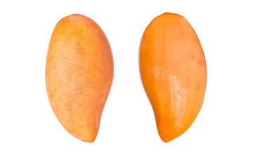 Ripe yellow dark golden Mango two and Peeled (Barracuda Mango) isolated on cut out PNG. Clipping path. Firm, soft, juicy flesh lot of flesh sweet, juicy taste and aroma. vitamin to help nourish skin.