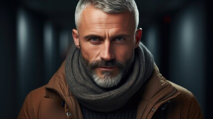 Portrait of middle aged caucasian man wearing winter clothes, Winter clothing concept.