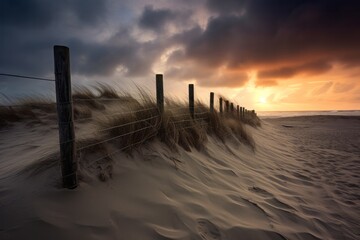 Beautiful sand dunes by the sea, under a dramatic sky, with grass and weeds and an old fence. Generative AI
