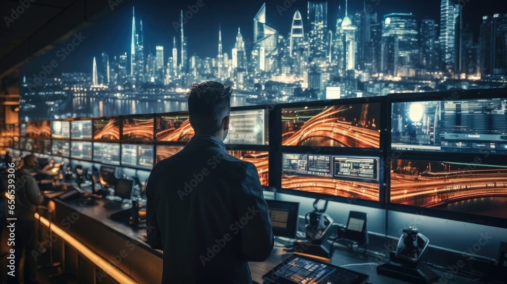 Aufkleber Technical man standing watching row of big monitors showing city view, Checking the safety of people within the city, Professional programming company workflow.