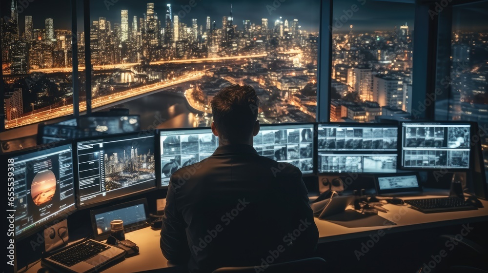 Aufkleber Technical man standing watching row of big monitors showing city view, Checking the safety of people within the city, Professional programming company workflow.