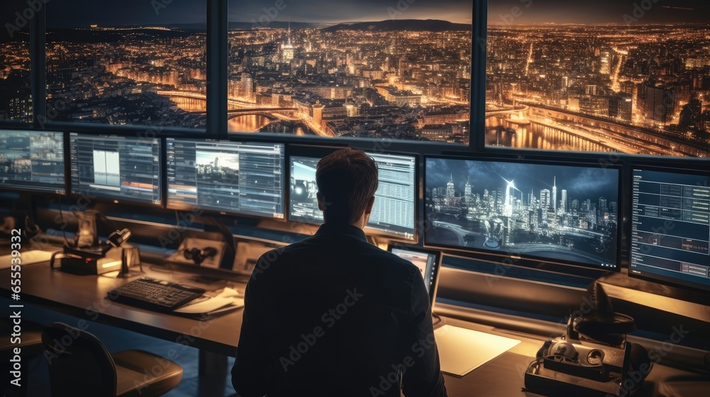 Aufkleber Technical man standing watching row of big monitors showing city view, Checking the safety of people within the city, Professional programming company workflow.