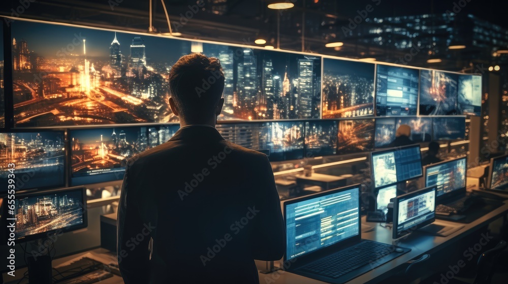Aufkleber Technical man standing watching row of big monitors showing city view, Checking the safety of people within the city, Professional programming company workflow.