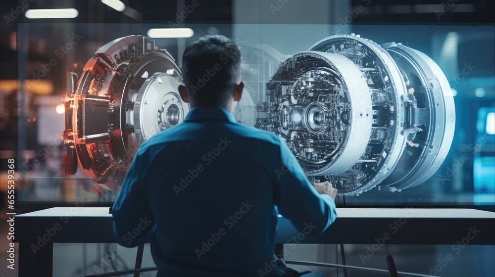 Aufkleber engineer working on cad software with holographic projection 3d model in engine high tech futuristic