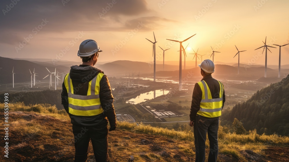 Poster maintenance engineer team working in wind turbine farm.