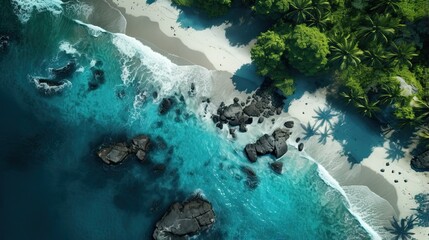 View of coastal cliffs and sea. aerial view of the beach with a blue sea and tall green trees 