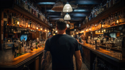 Man wearing a black t-shirt standing near bottles of alcohol drinks on shelves in bar, Rear view.