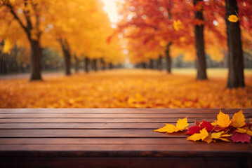 Naklejka na ściany i meble Autumn leaves on wooden table in park. Fall season background.