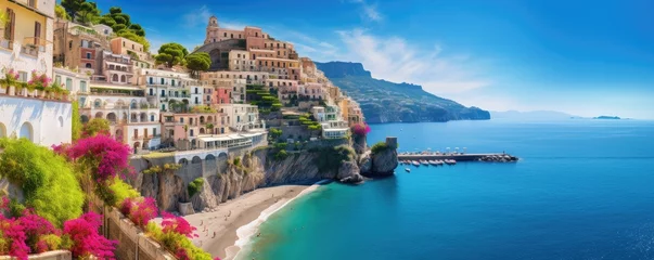 Tableaux ronds sur aluminium Couleur saumon Panoramic view of  Amalfi coast on hills with flowers and sea, Campania, Italy. Generative ai