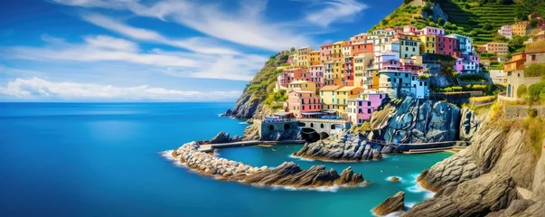  Panoramatic view of colorfull town, coast in  Cinque Terre, Liguria, Italy. Sunny day. Generative ai © alexanderuhrin