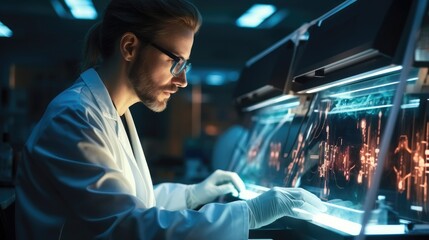 Medical researcher analyzing data from a high throughput DNA sequencing in laboratory.