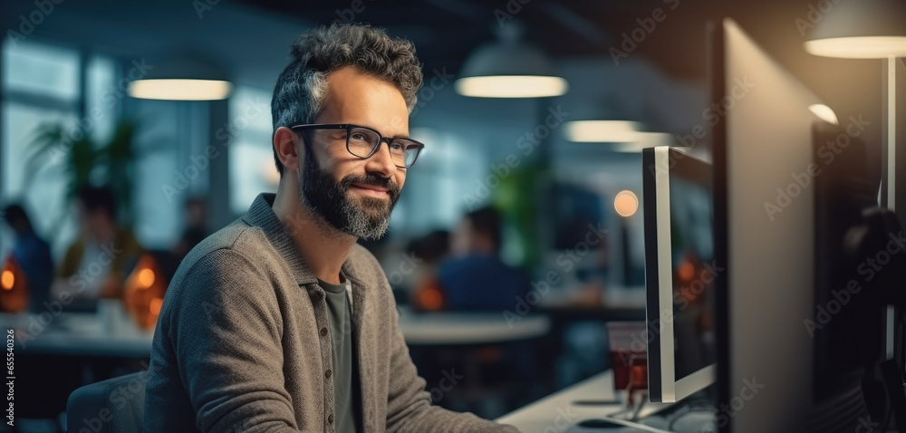 Poster Male computer programmer using laptop at desk in office.