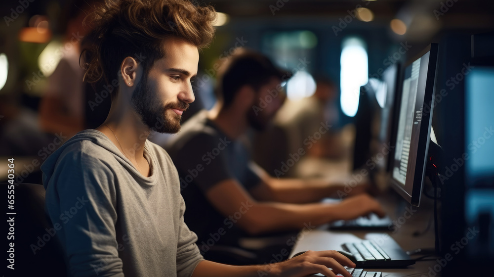 Aufkleber Male computer programmer using laptop at desk in office.