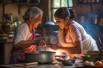 Indian grandmother teaching her granddaughter cooking skills in a traditional kitchen. Concept off...