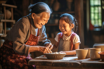 Asian grandmother teaching her granddaughter cooking skills in a traditional kitchen. Concept off bonding, love, and heritage