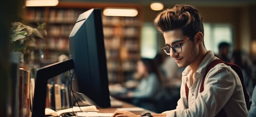 High school student studying on laptop in library.