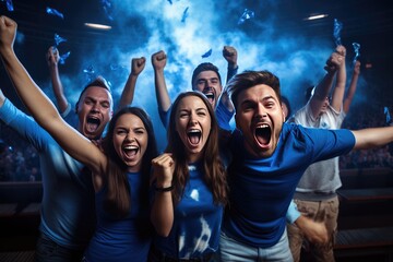Group of football fans are cheering for their team victory mix colour t shirt. Generative ai - obrazy, fototapety, plakaty