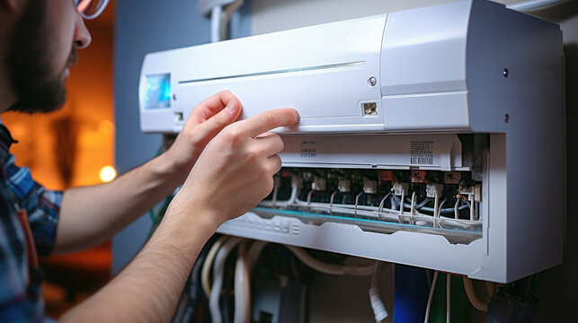 Heating engineers installing system, Technician checks electrical system after installing heating pipes system in factory.
