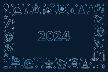 Happy New 2024 Year linear blue banner - vector Xmas horizontal creative illustration