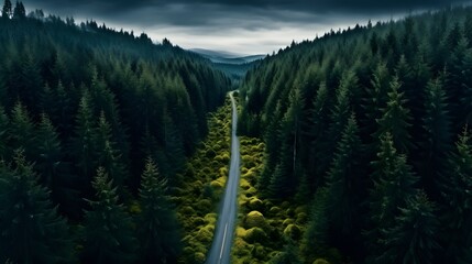 Top view of dark green forest landscape wallpaper art. Aerial nature scene of pine trees and...