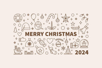 Merry Xmas 2024 thin line Banner - vector Christmas concept horizontal illustration