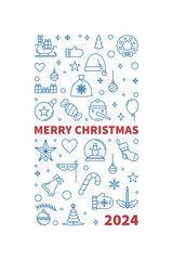 Merry Xmas 2024 thin line Banner - vector Christmas concept vertical illustration