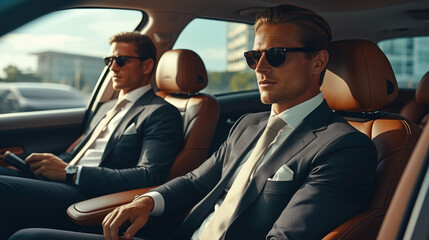 Two confident businessman travelling in a modern car. - obrazy, fototapety, plakaty