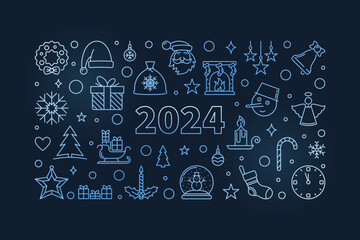 Merry Xmas and Happy 2024 New Year vector thin line horizontal blue banner