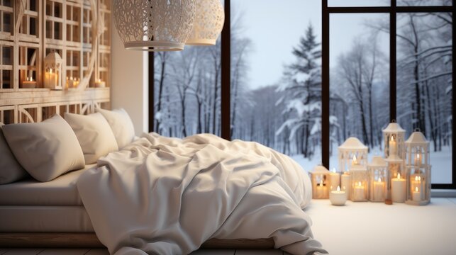 White bedroom in Christmas decorations decorated with pendant.
