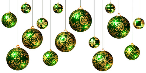Christmas baubles, transparent PNG design elements. 3D render. Green and gold.