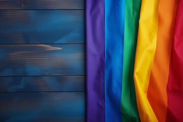 LGBT rainbow flag on a wooden blue background. Lesbian, gay, bisexual, and transgender flag