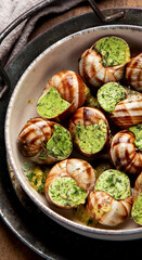 Snails with herbs butter,  French traditional food with parsley and bread on grey background.