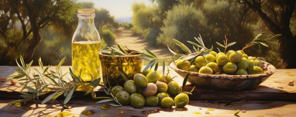 Glass bottle with olive oil and olive wood table in olive grove sun light. Generative ai