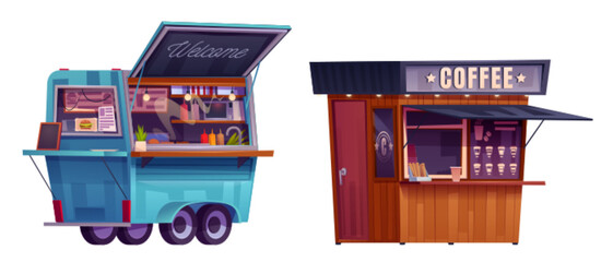 Food stall with coffee and hamburgers for street market. Cartoon vector illustration set of vehicle and kiosk for selling snacks and drinks outdoor. Mobile marketplace or fastfood restaurant. - obrazy, fototapety, plakaty