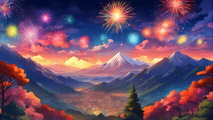 Fireworks over the snow covered mountains.
