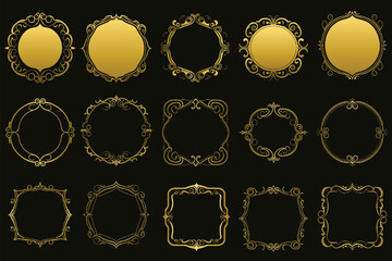 Set of golden vintage frames, floral elements for design of monograms, invitations, frames, menus, labels