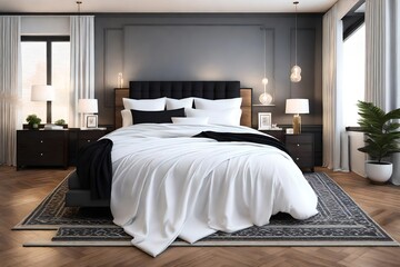 A photorealistic 3D rendering of a bed with a white comforter and a black headboard.