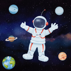 astronaut in open space. Children character soaring past planets in the night starry sky. In the boundless expanse, planets: Earth, Jupiter, Saturn, Neptune, Uranus. Watercolor illustration © Mari Ka