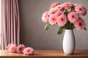 A photorealistic 3D rendering of a white vase filled with pink flowers on top of a wooden table. - Powered by Adobe